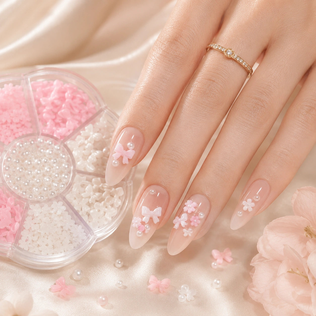 Zestaw zdobień do paznokci kokardki i perły różowo-białe | Premium Nails