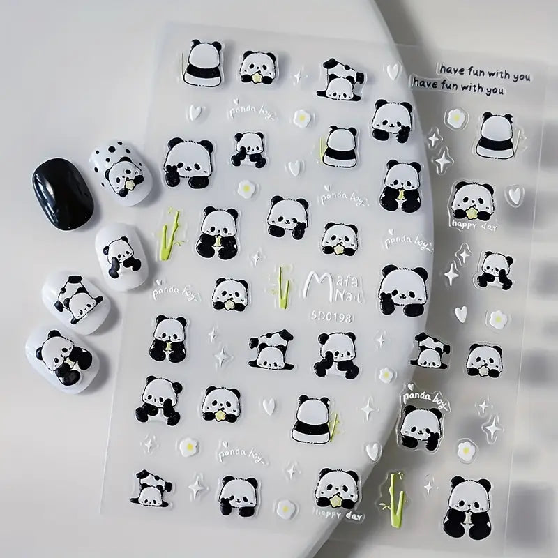 Cute Bamboo – naklejki na paznokcie 5D z motywem pand (1 arkusz)