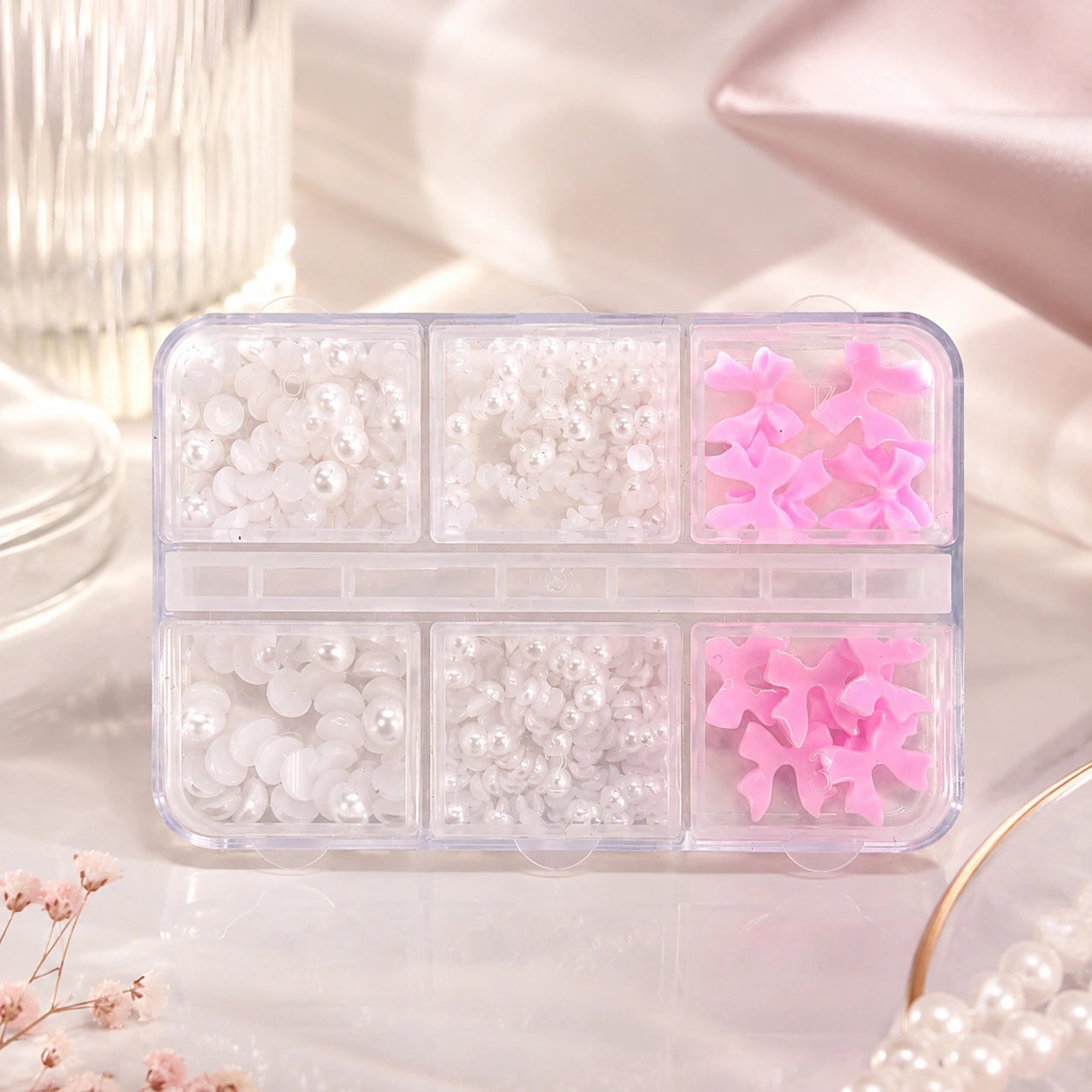 Zestaw zdobień do paznokci kokardki i perły box różowo-białe | Premium Nails